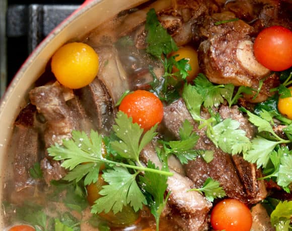 overhead shot of quarter of red pot on black stove showing short ribs in broth with multicolored cherry tomatoes and fresh cilantro on top